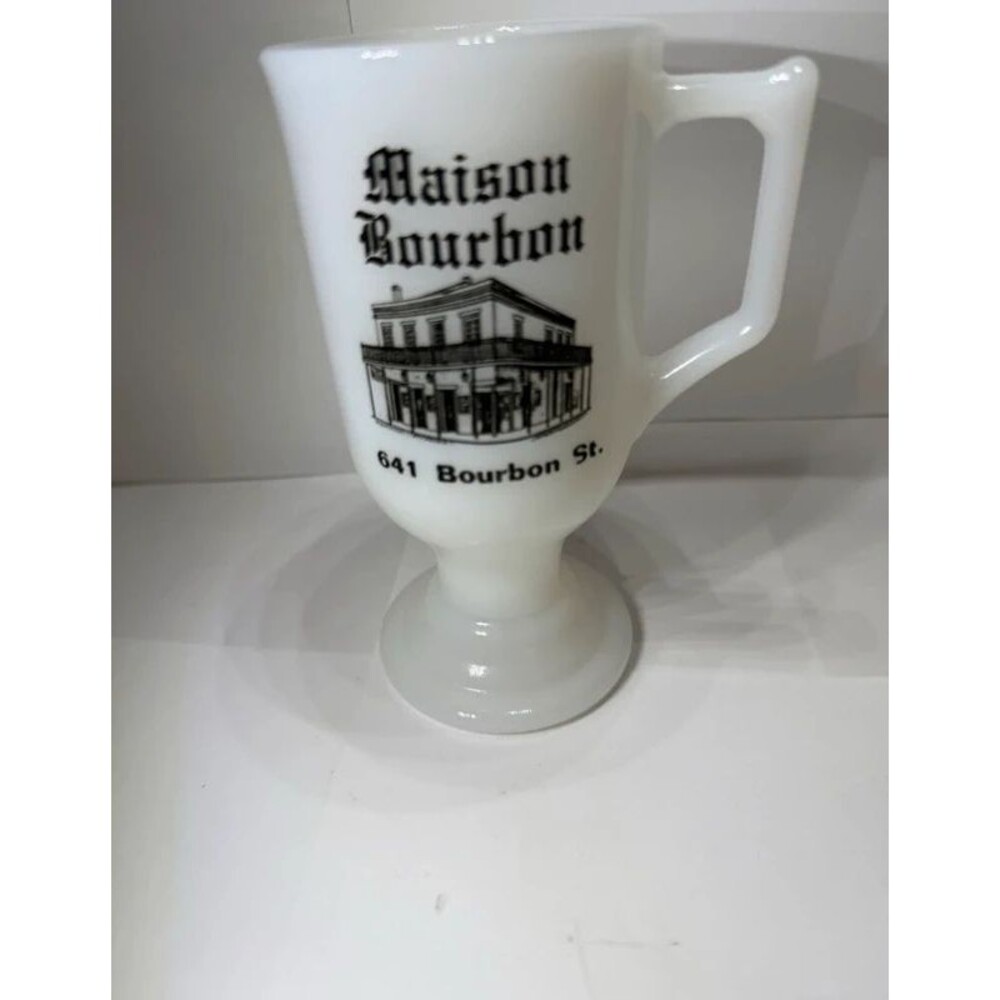 White Milk Glass Footed Mug w/ Handle, Printed New Orleans Jazz 641 Bourbon St.